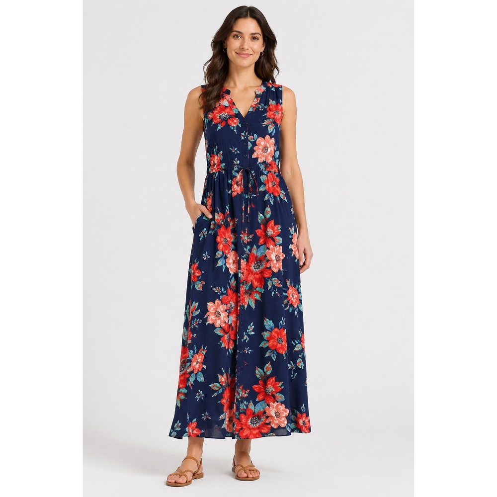 Talbots Floral Sleeveless Maxi Dress Women's 10 Navy Blue Rayon Button Front